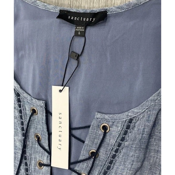 Sanctuary Mirabell Blue Denim Linen Shift Embroidered Lace up Dress Large NWT - Picture 7 of 12